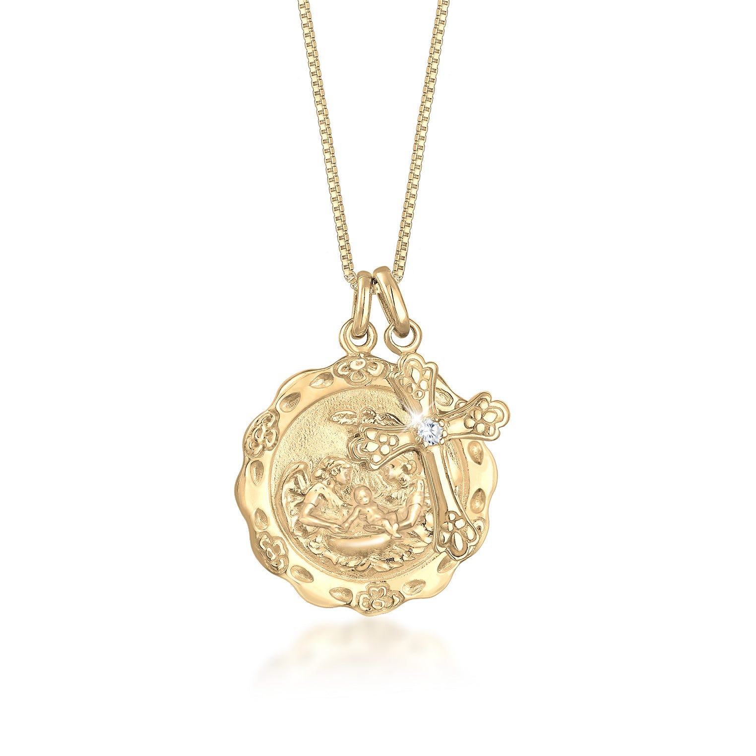 Gold - Elli | Lange Venezianer-Halskette Kreuz | Zirkonia ( Weiß ) | 925 Sterling Silber vergoldet