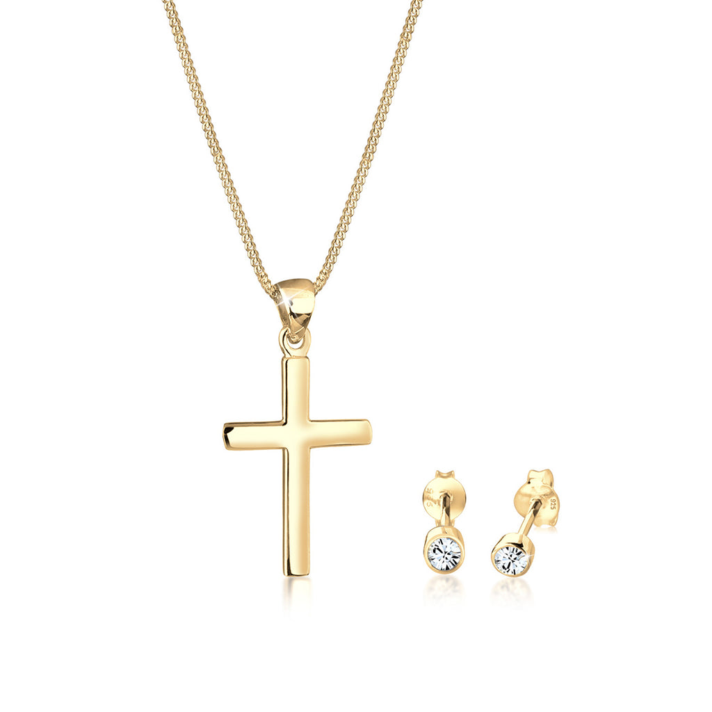 Gold - Elli | Schmuckset  Kreuz | Mit Kristallen von Swarovski® (Weiß) | 925 Sterling Silber vergoldet