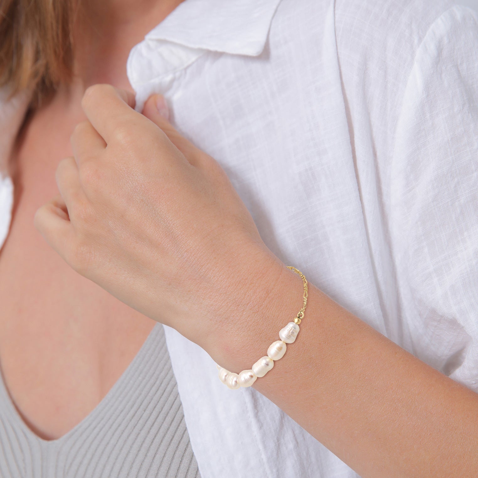 Gold - Elli PREMIUM | Glieder-Armband | Süßwasserperlen | 925 Sterling Silber vergoldet