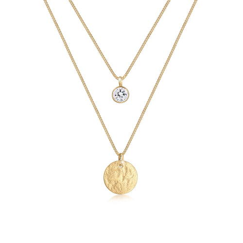 Gold - Elli | Layer-Halskette Plättchen | Mit Kristallen von Swarovski® (Weiß) | 925 Sterling Silber vergoldet