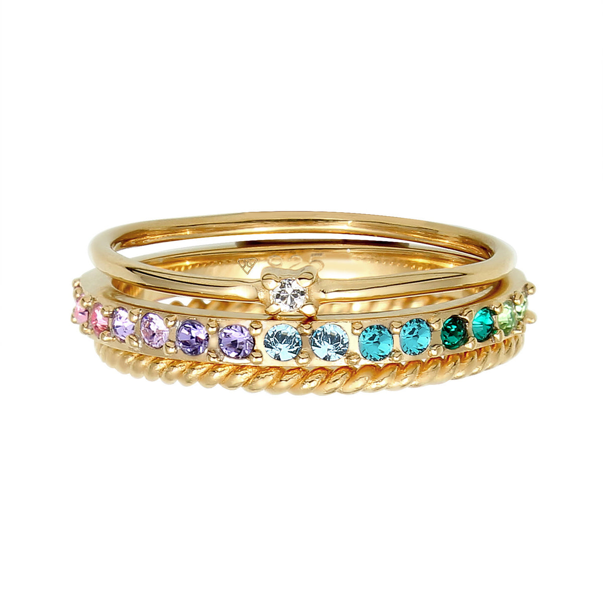 Gold - Elli | Ring 3er Set | Kristalle (bunt) | 925er Sterling Silber