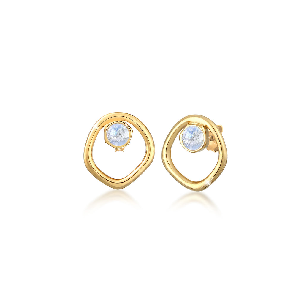 Gold - Elli PREMIUM | Ohrstecker Kreis | Mondstein ( Weiß ) | 925 Sterling Silber vergoldet