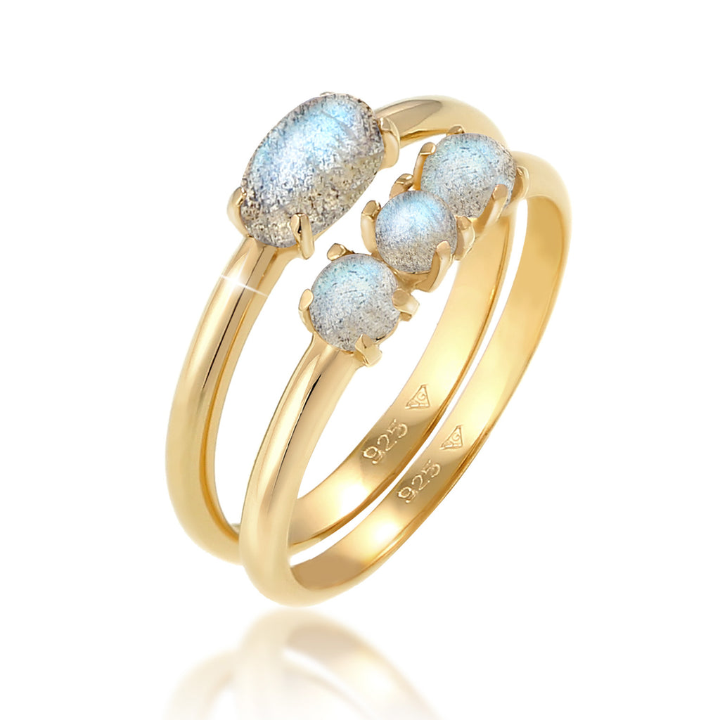 Gold - Elli | Stapelring 2er Set | Labradorit ( Grau ) | 925 Sterling Silber vergoldet