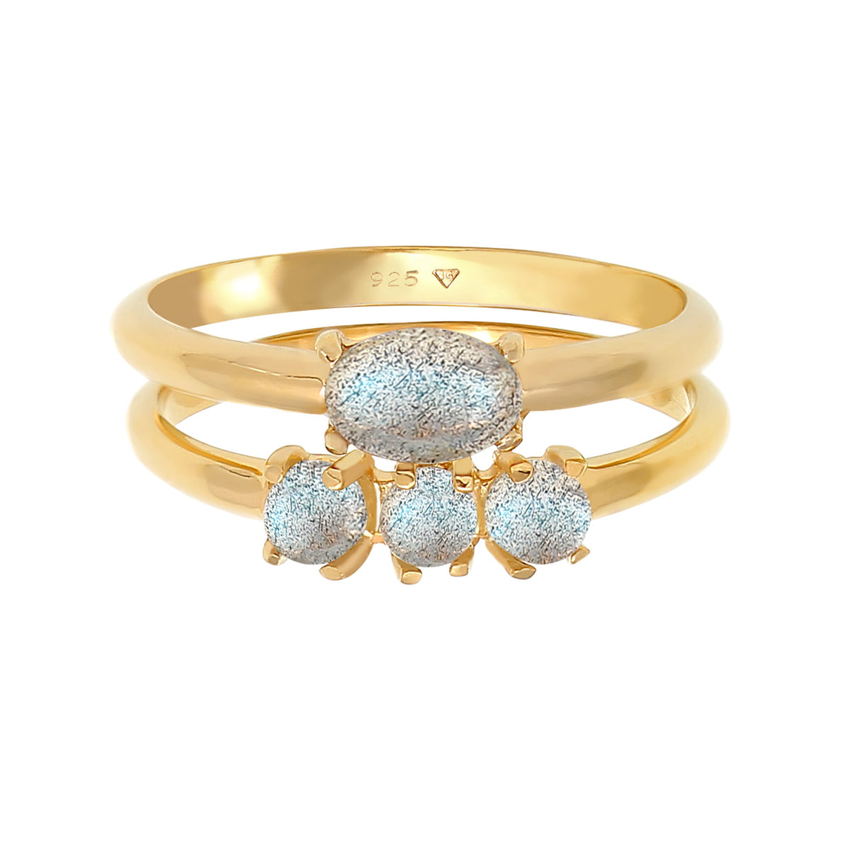 Gold - Elli | Stapelring 2er Set | Labradorit ( Grau ) | 925 Sterling Silber vergoldet