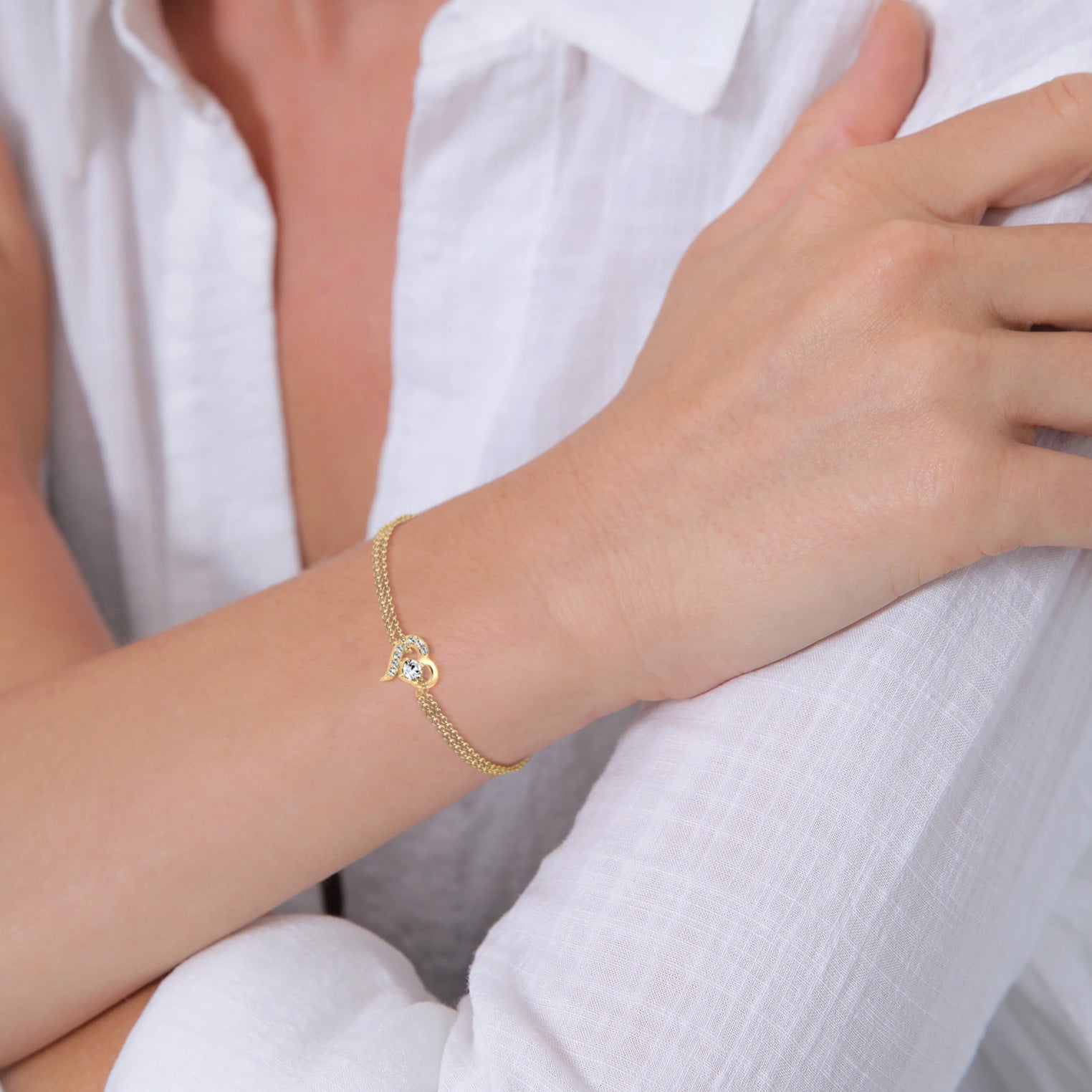Gold - Elli | Armband Herz | Mit Kristallen von Swarovski® (Weiß) | 925 Sterling Silber vergoldet