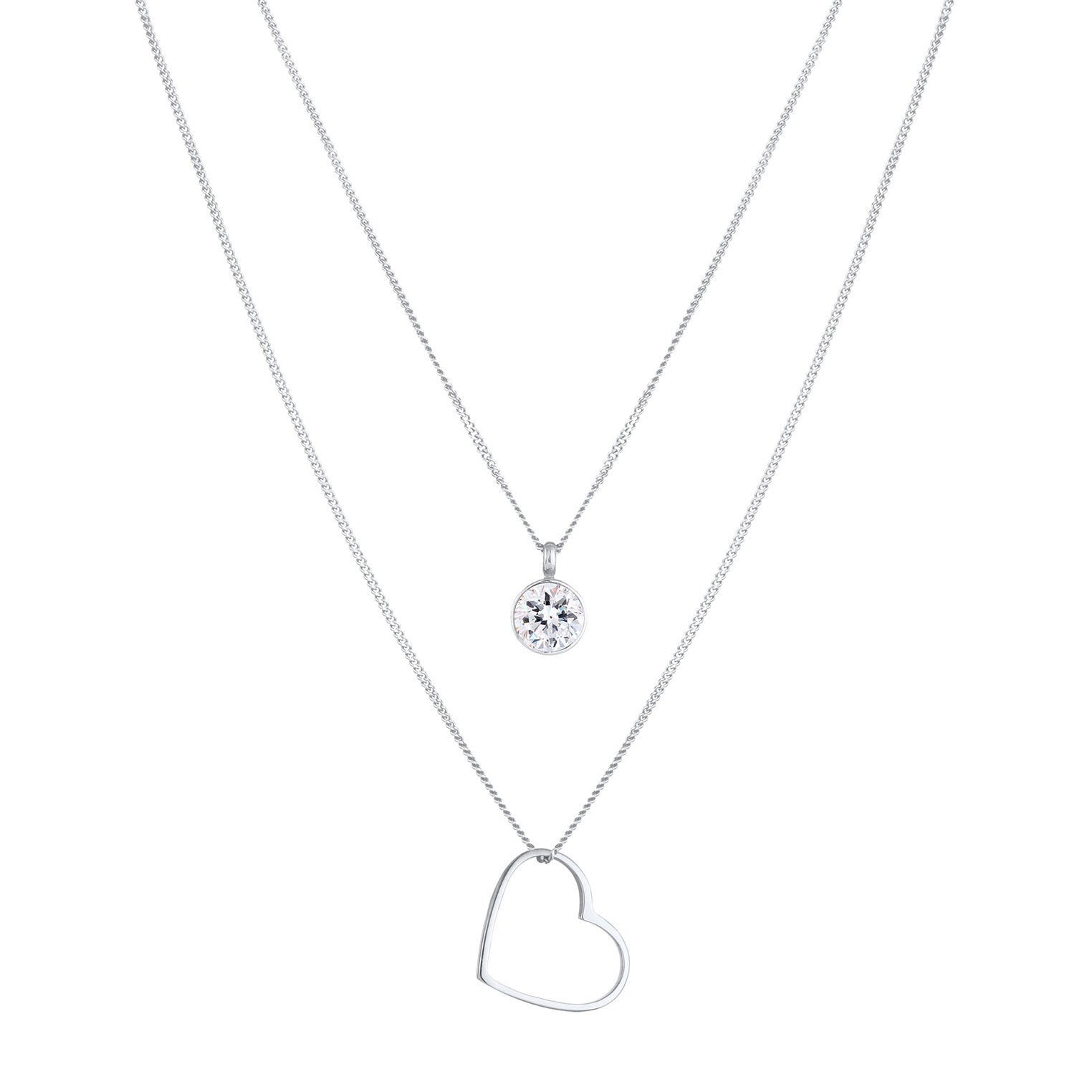 Silber - Elli | Layer-Halskette Herz | Mit Kristallen von Swarovski® (Weiß) | 925er Sterling Silber