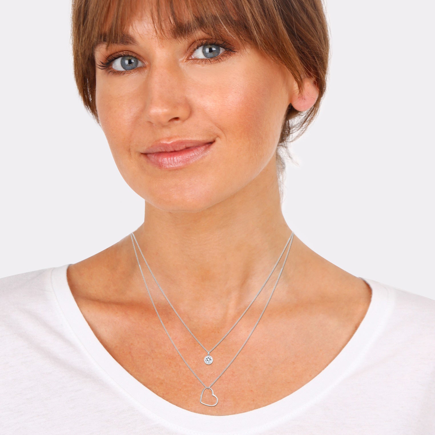 Silber - Elli | Layer-Halskette Herz | Kristall ( Weiß ) | 925er Sterling Silber