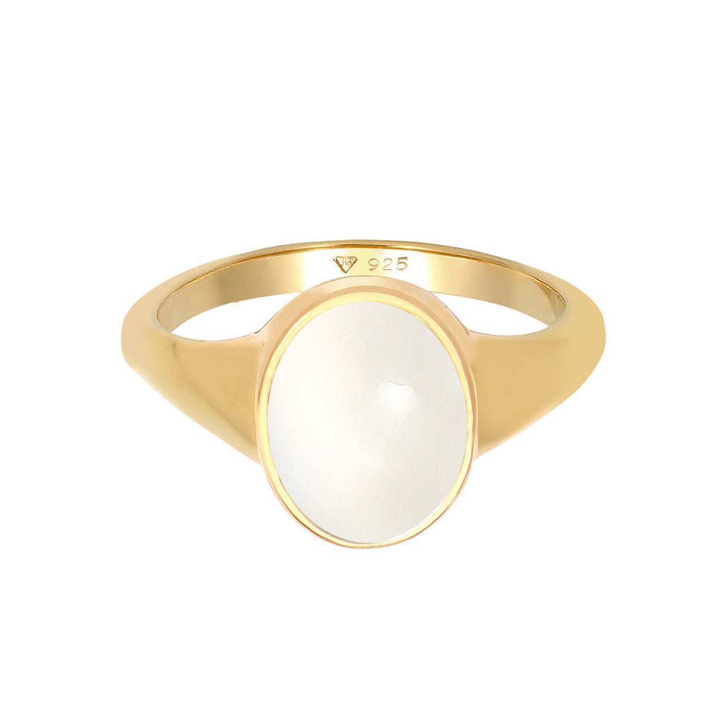 Gold - Elli | Siegelring | Mondstein ( Weiß ) | 925 Sterling Silber vergoldet