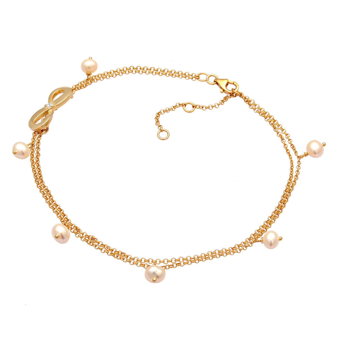 Gold - Nenalina | Fußkettchen Infinity | Süßwasserperle, Zirkonia ( Weiß ) | 925 Sterling Silber vergoldet