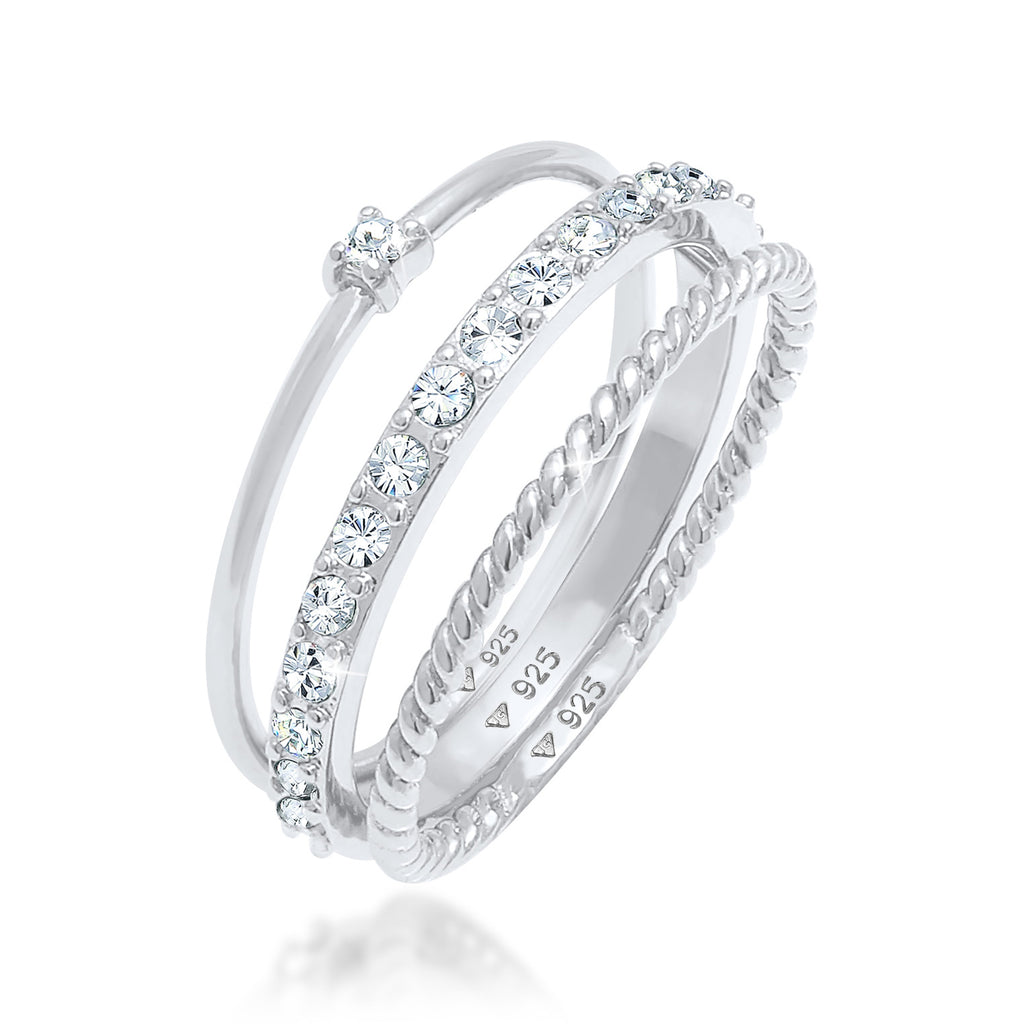 Silber - Elli | Stapelring 3er Set | Mit Kristallen von Swarovski® (Weiß) | 925er Sterling Silber