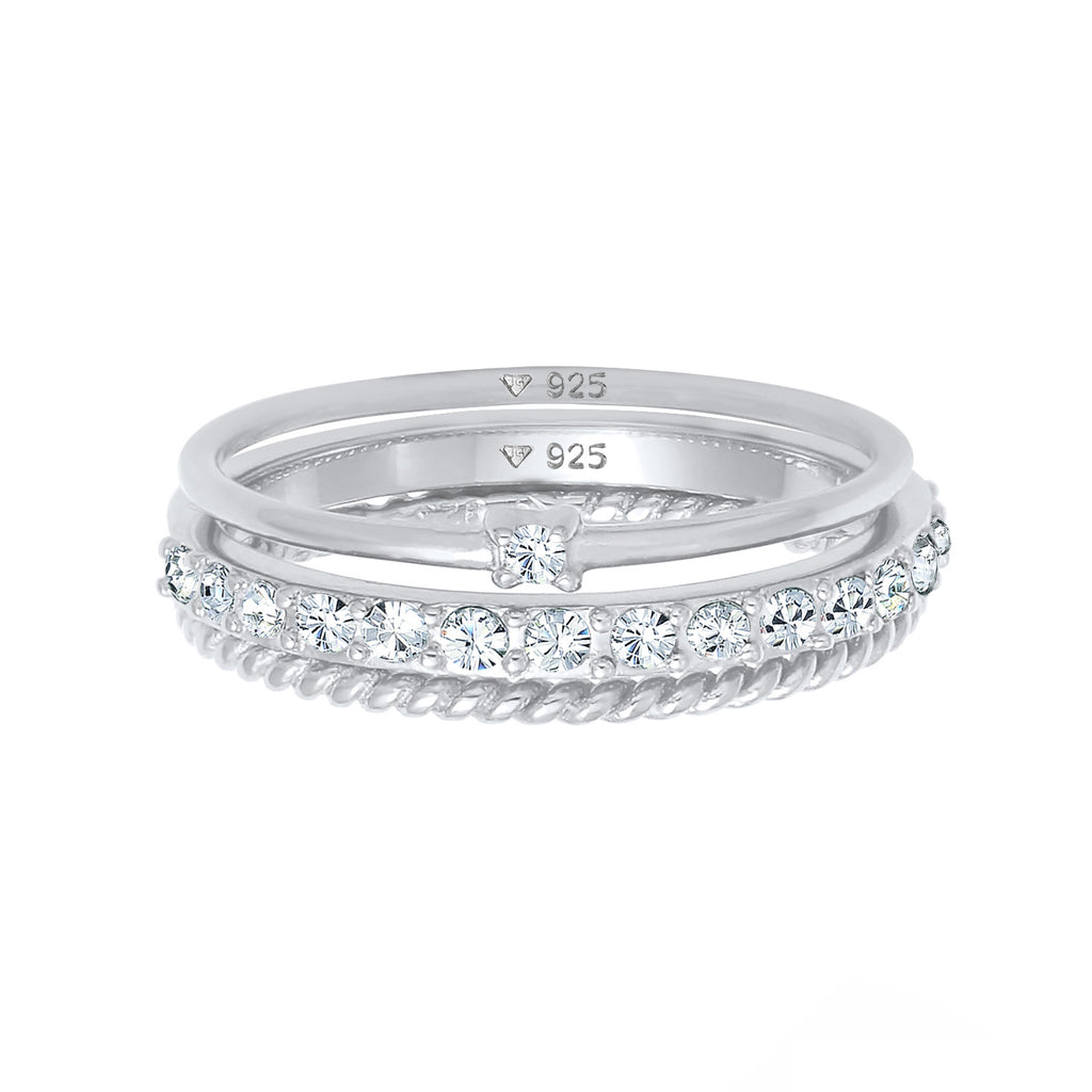 Silber - Elli | Stapelring 3er Set | Mit Kristallen von Swarovski® (Weiß) | 925er Sterling Silber