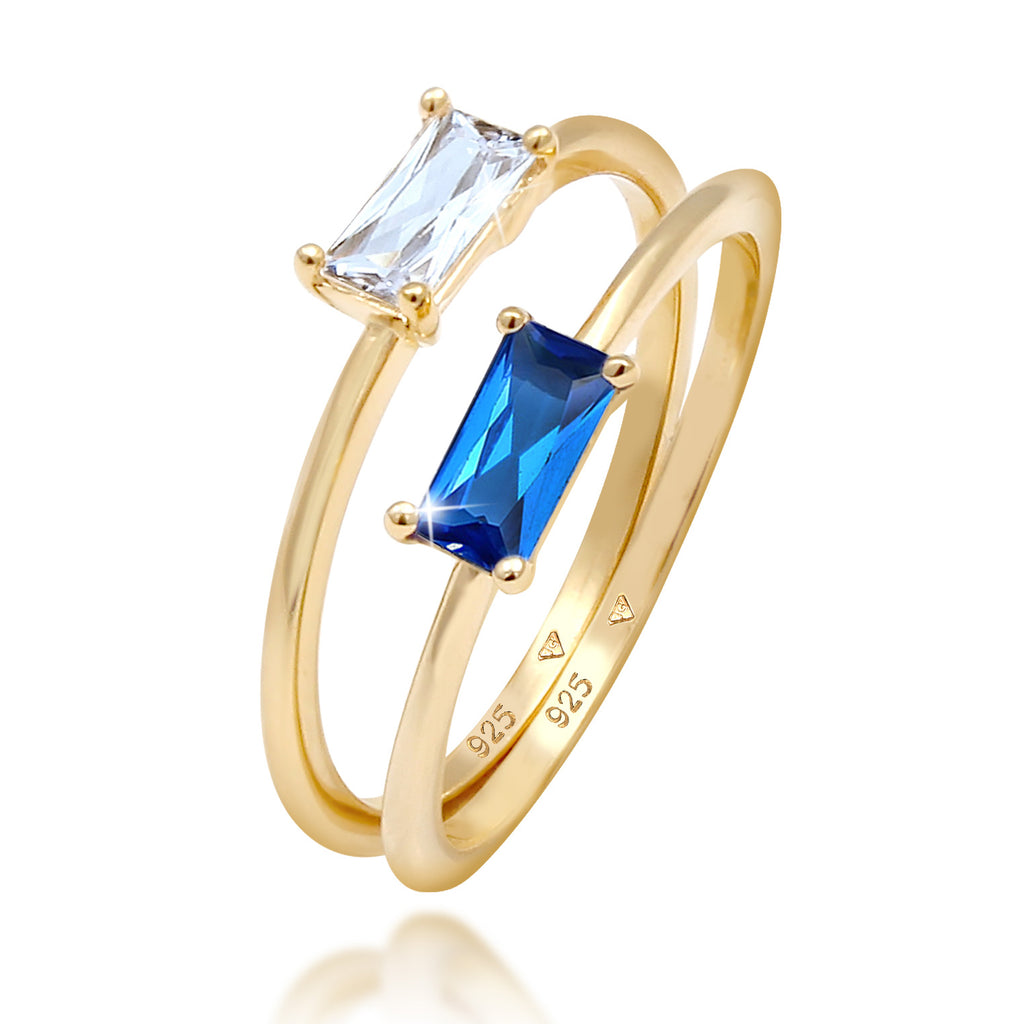 Gold - Elli PREMIUM | Ringset Geo | Saphir ( Blau ) | 925 Sterling Silber vergoldet