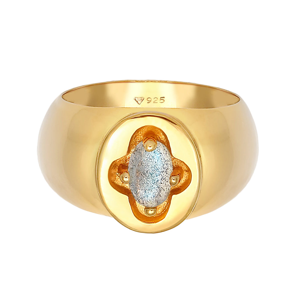 Gold - Elli PREMIUM | Siegelring | Labradorit ( Grau ) | 925 Sterling Silber vergoldet