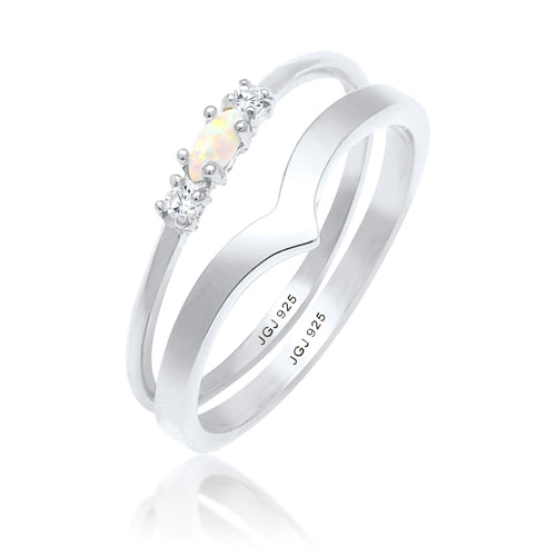 Silber - Elli | Ringset | Opal ( Weiß ) | 925er Sterling Silber