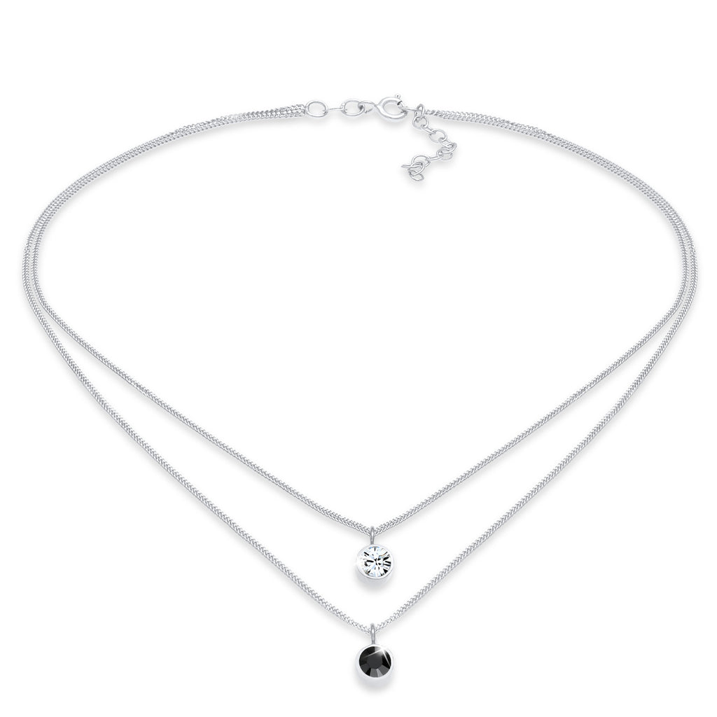 Silber - Elli | Layer-Halskette | Mit Kristallen von Swarovski® (Weiß & Schwarz) | 925 Sterling Silber