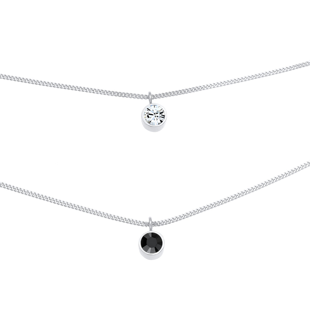 Silber - Elli | Layer-Halskette | Mit Kristallen von Swarovski® (Weiß & Schwarz) | 925 Sterling Silber