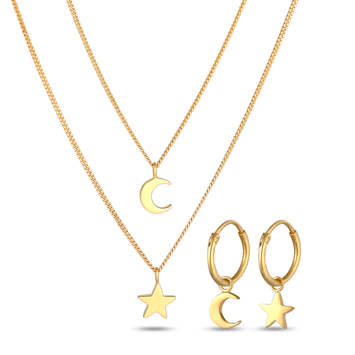 Half Moon &amp; Star Layered Necklace &amp; Hoop Earrings Jewelry Set