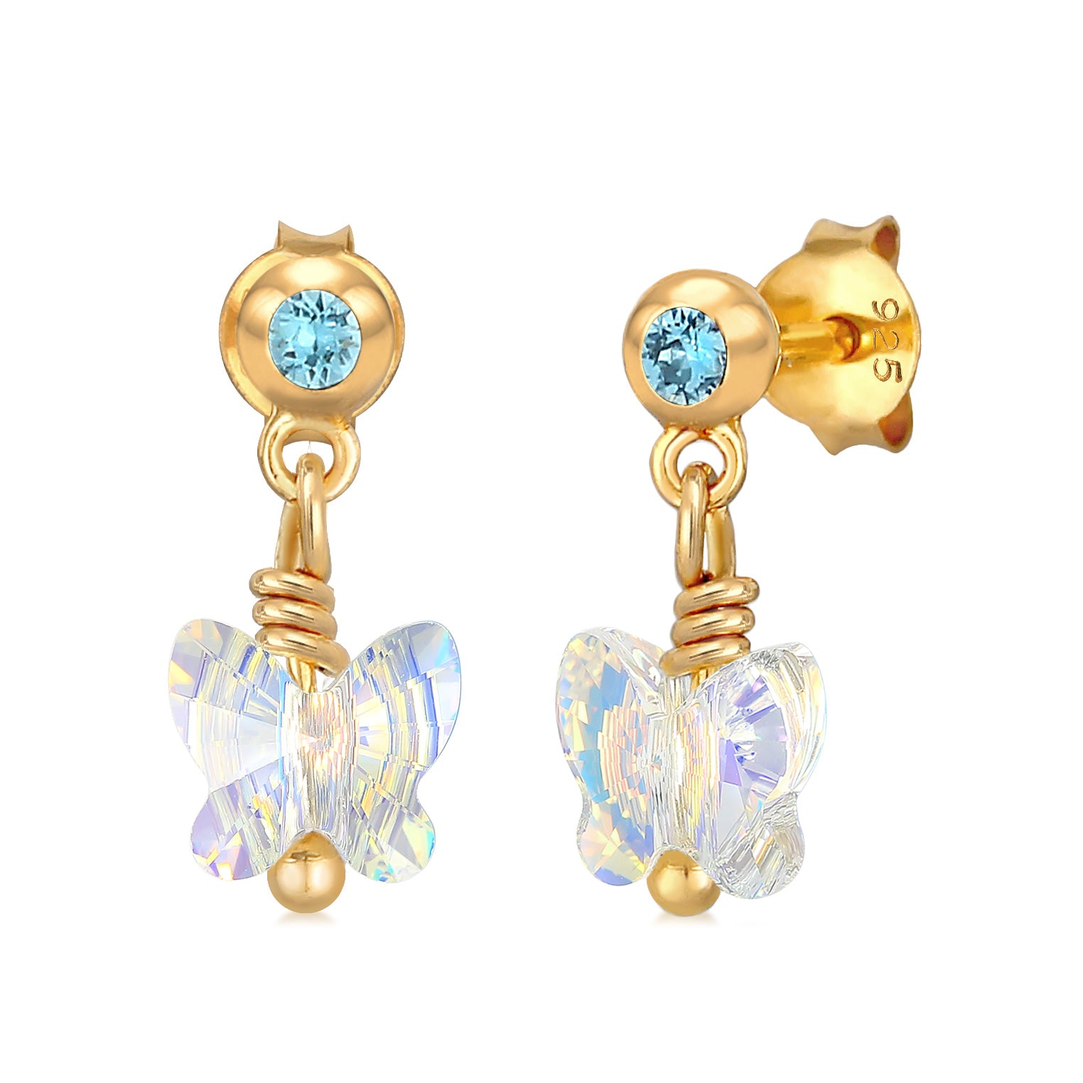 Blau - Elli | Ohrring Schmetterling | Kristall ( Weiß ) | 925 Sterling Silber vergoldet