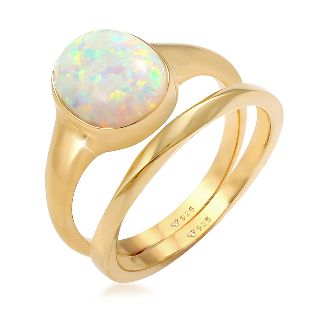 Gold - Elli | Ringset | Opal ( Weiß ) | 925 Sterling Silber vergoldet