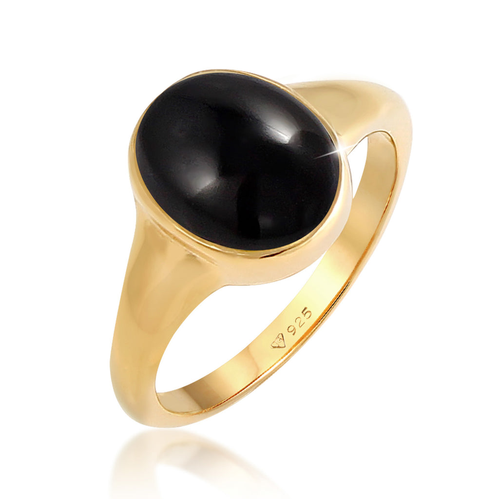 Gold - Elli | Siegelring | Onyx ( Schwarz ) | 925 Sterling Silber vergoldet