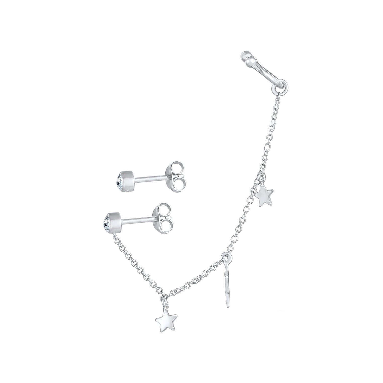Silber - Elli | Ohrstecker Ear Chain | Kristall ( Weiß ) | 925er Sterling Silber