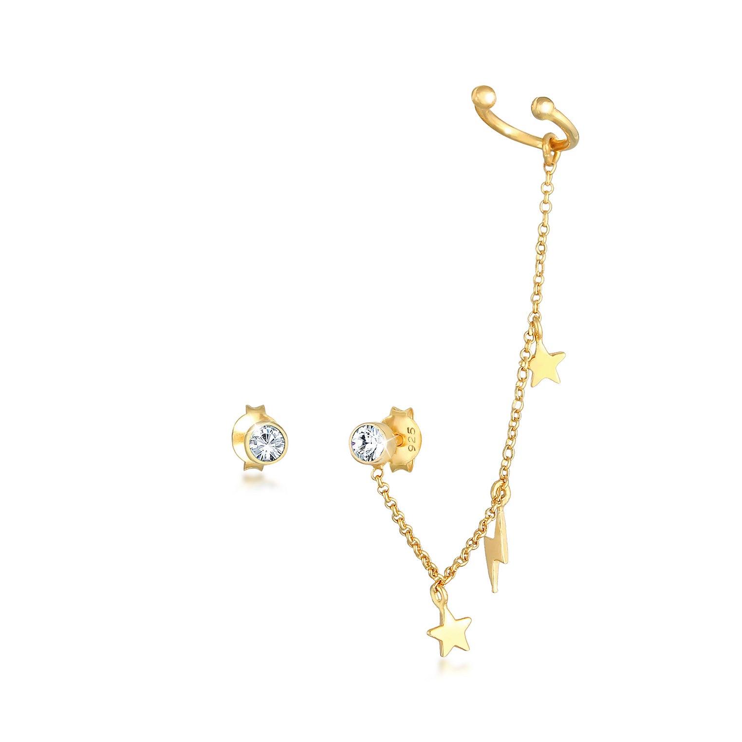 Gold - Elli | Ohrstecker Ear Chain | Kristall ( Weiß ) | 925 Sterling Silber vergoldet