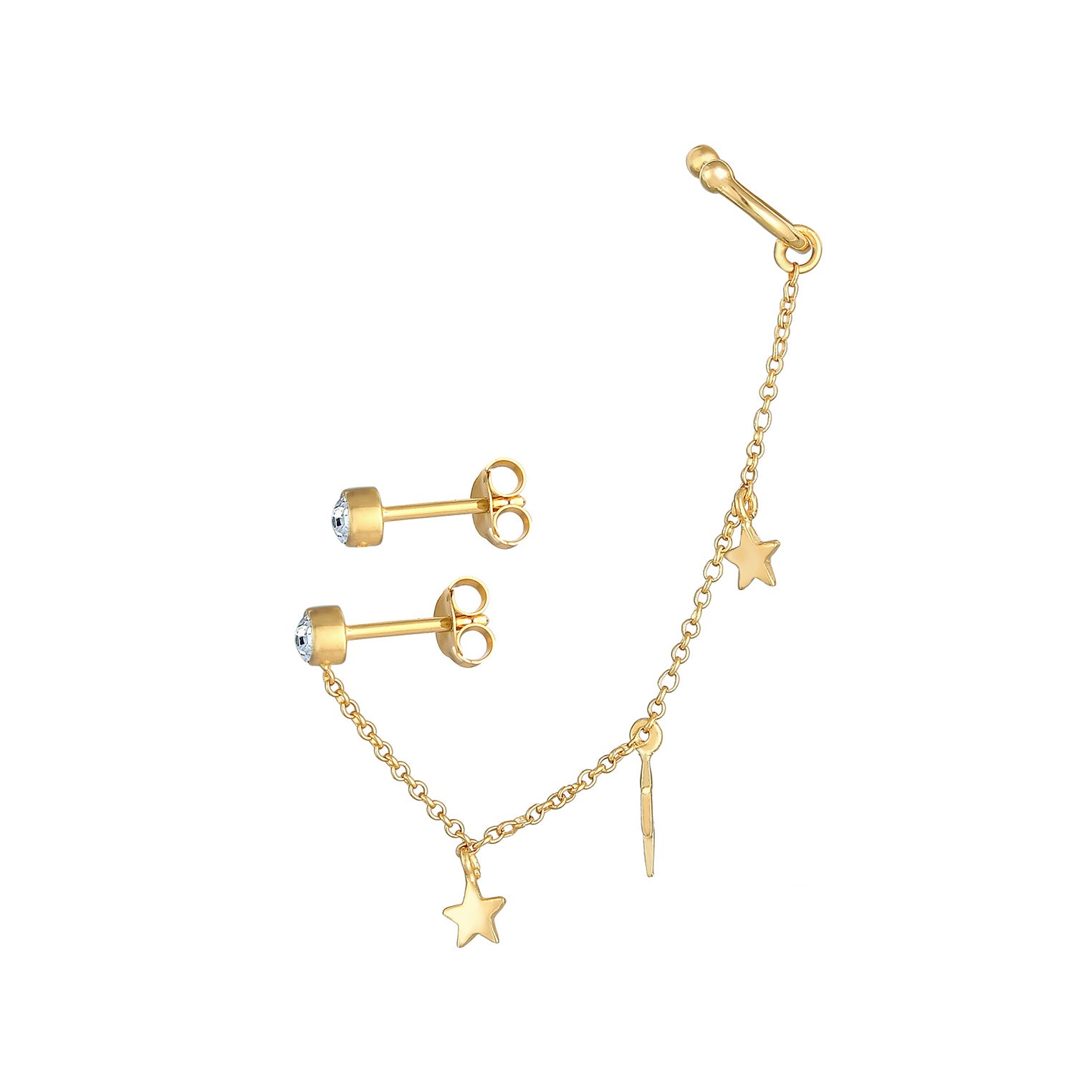 Gold - Elli | Ohrstecker Ear Chain | Kristall ( Weiß ) | 925 Sterling Silber vergoldet