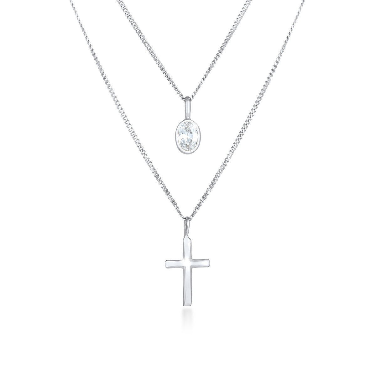 Silber - Elli | Layer-Halskette Kreuz | Zirkonia (Weiß) | 925er Sterling Silber