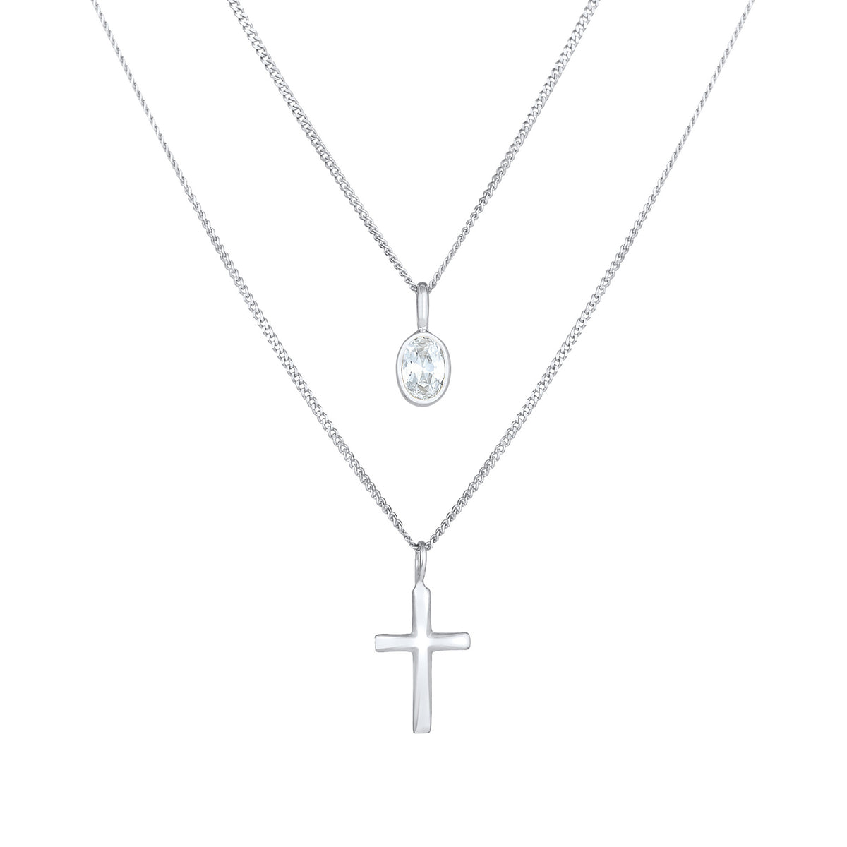Silber - Elli | Layer-Halskette Kreuz | Zirkonia (Weiß) | 925er Sterling Silber