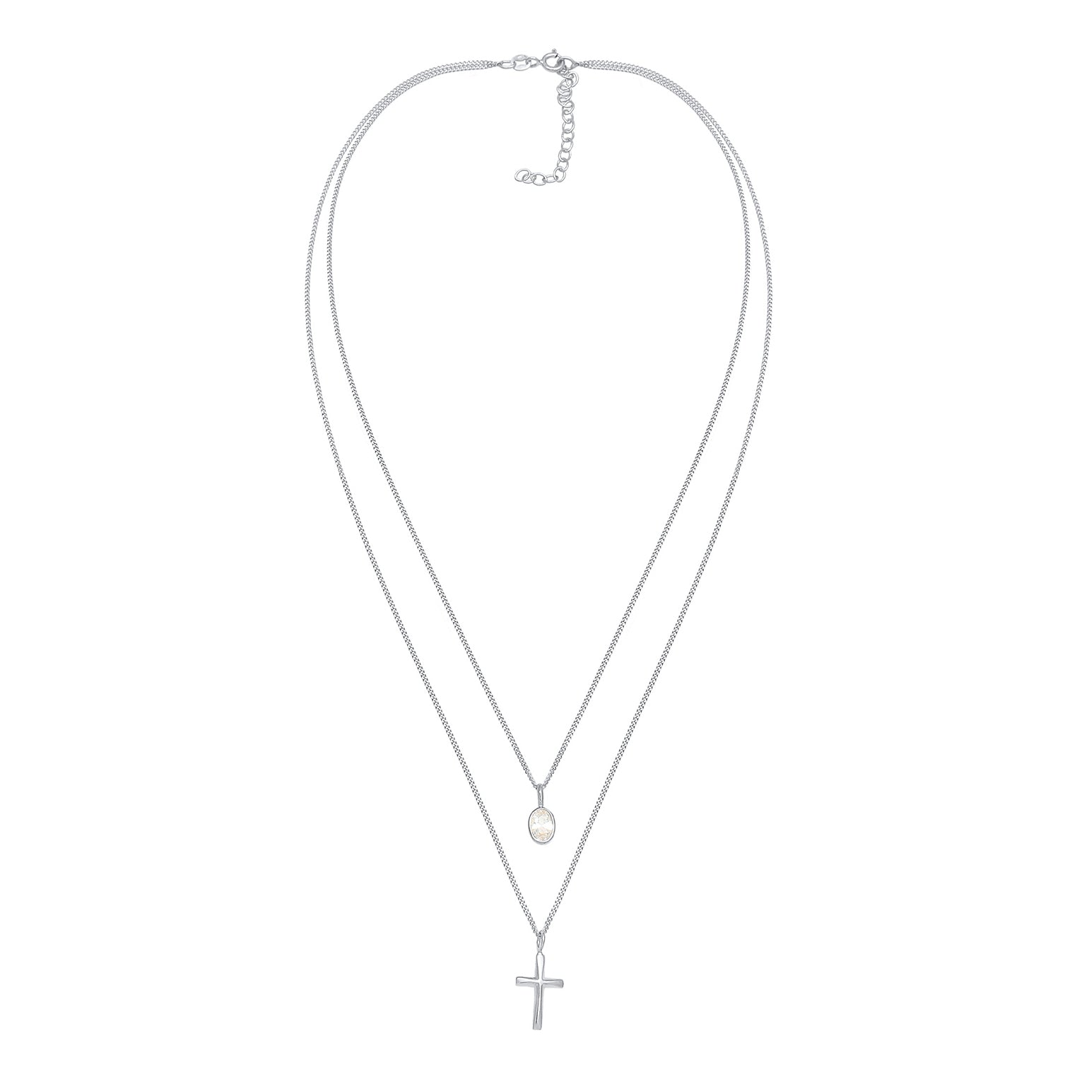 Silber - Elli | Layer-Halskette Kreuz | Zirkonia ( Weiß ) | 925er Sterling Silber