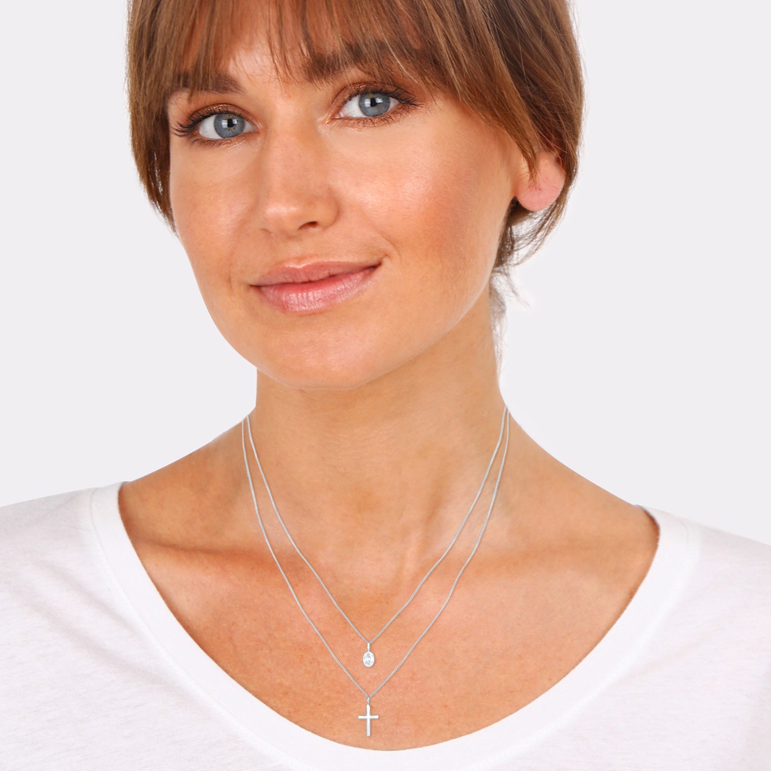 Silber - Elli | Layer-Halskette Kreuz | Zirkonia ( Weiß ) | 925er Sterling Silber