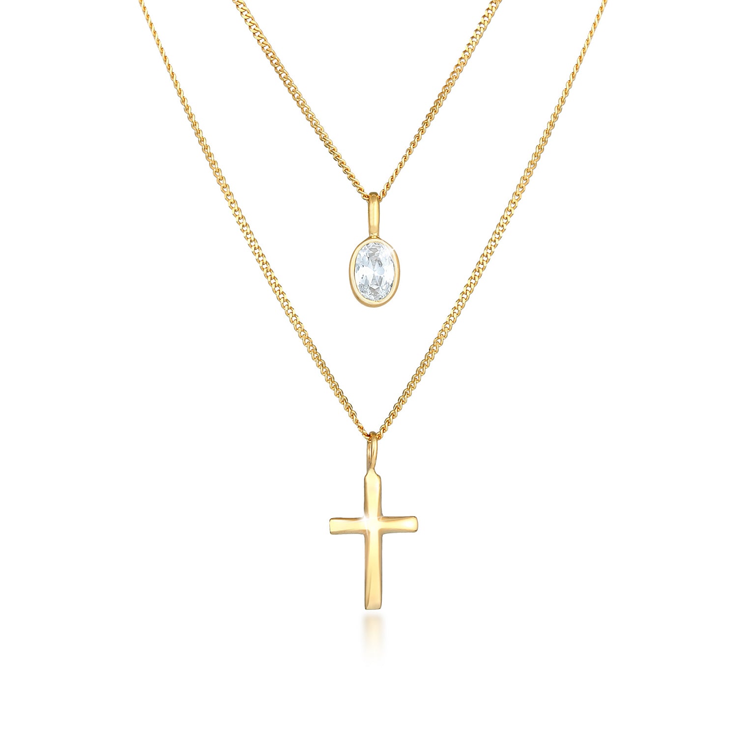 Gold - Elli | Layer-Halskette Kreuz | Zirkonia ( Weiß ) | 925 Sterling Silber vergoldet