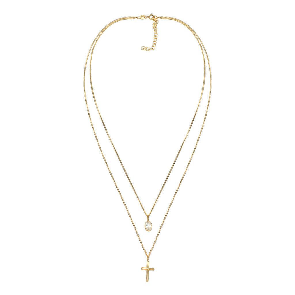 Gold - Elli | Layer-Halskette Kreuz | Zirkonia (Weiß) | 925 Sterling Silber vergoldet