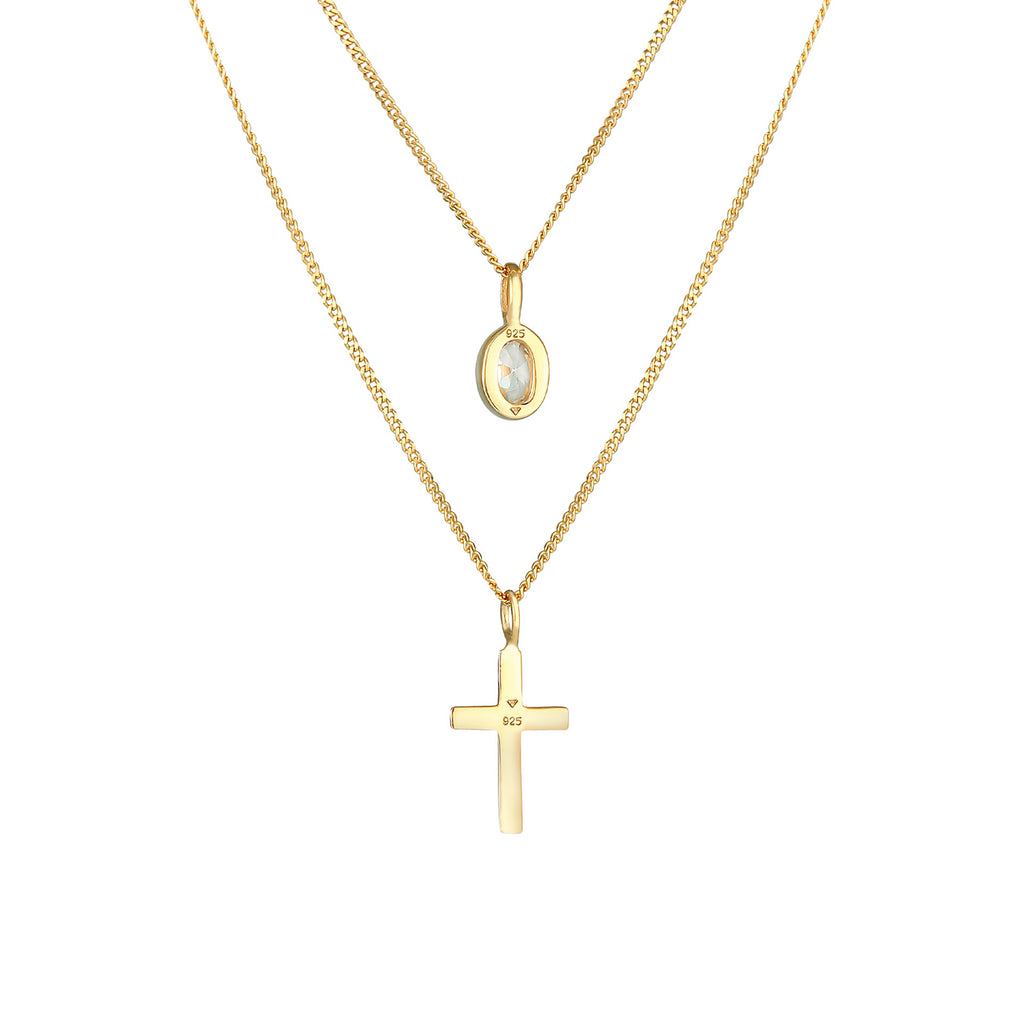 Gold - Elli | Layer-Halskette Kreuz | Zirkonia (Weiß) | 925 Sterling Silber vergoldet