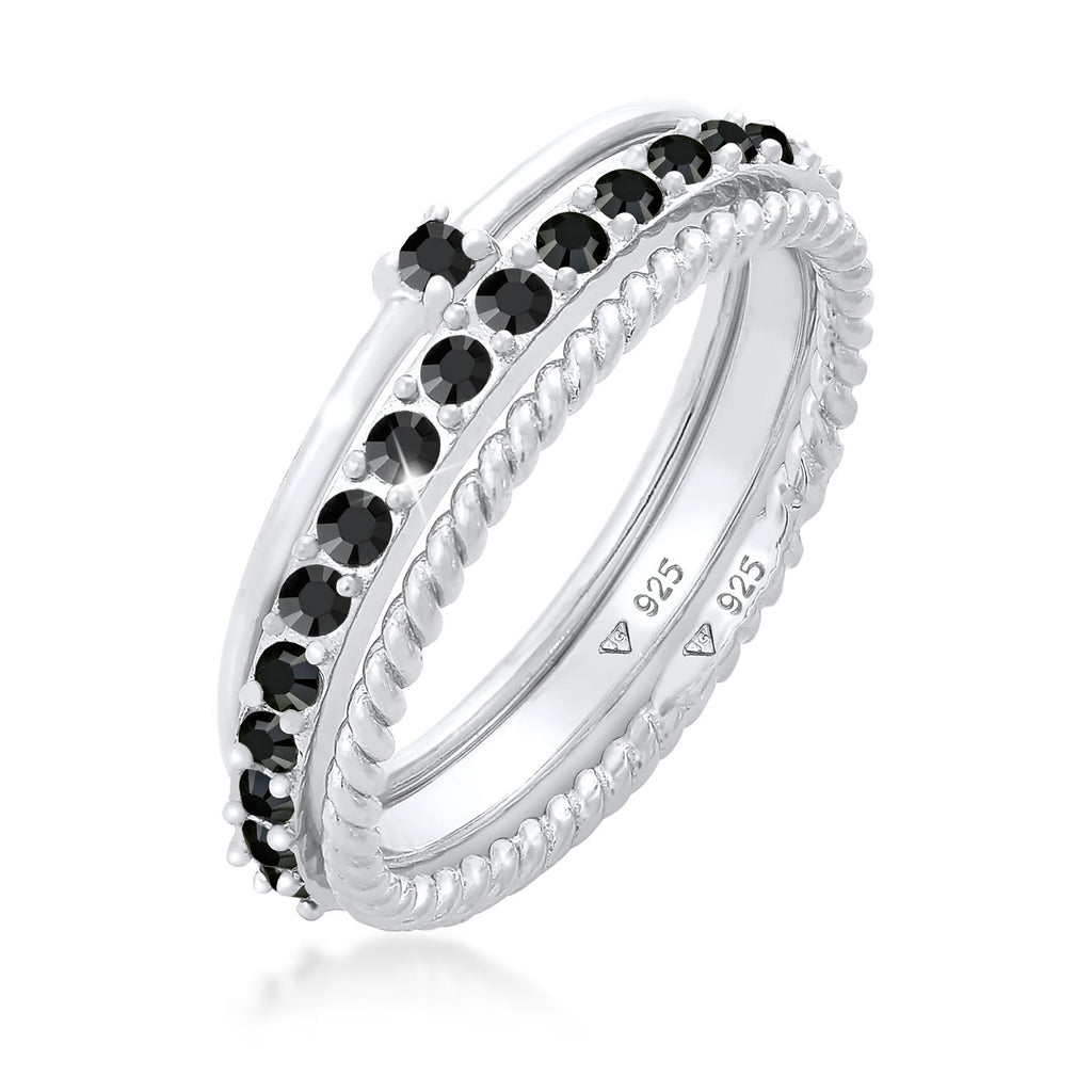 Silber - Elli | Stapelring 3er Set | Kristalle (Schwarz) | 925er Sterling Silber