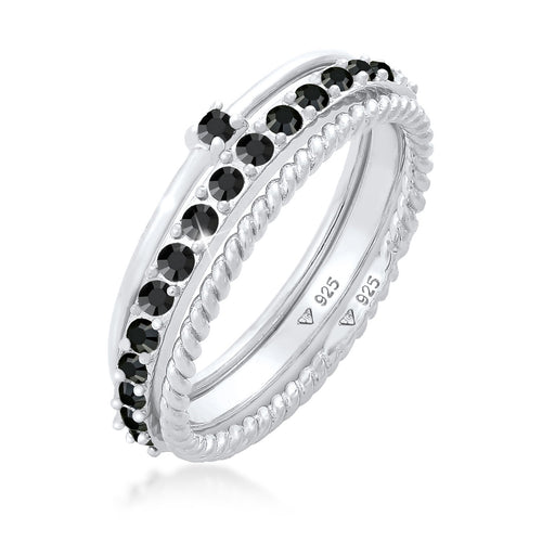 Silber - Elli | Stapelring 3er Set | Kristalle (Schwarz) | 925er Sterling Silber