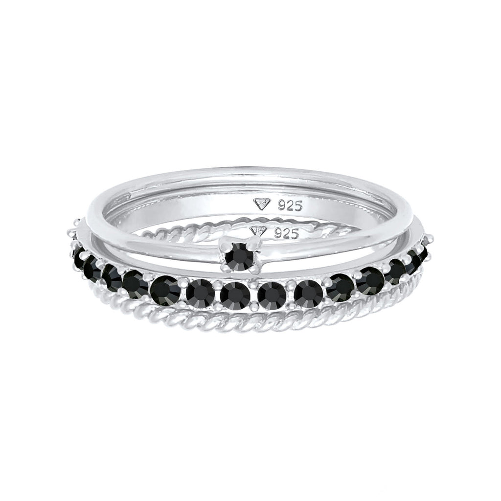 Silber - Elli | Stapelring 3er Set | Kristalle (Schwarz) | 925er Sterling Silber