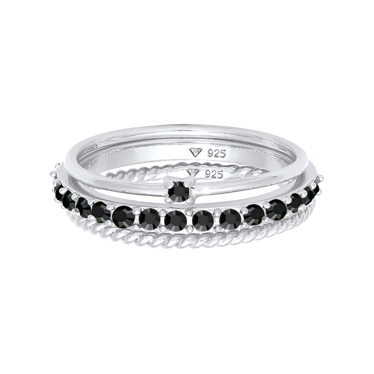 Silber - Elli | Stapelring 3er Set | Kristalle (Schwarz) | 925er Sterling Silber