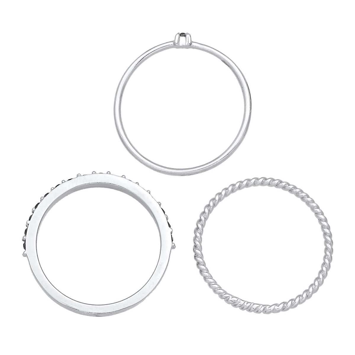 Silber - Elli | Stapelring 3er Set | Kristalle (Schwarz) | 925er Sterling Silber
