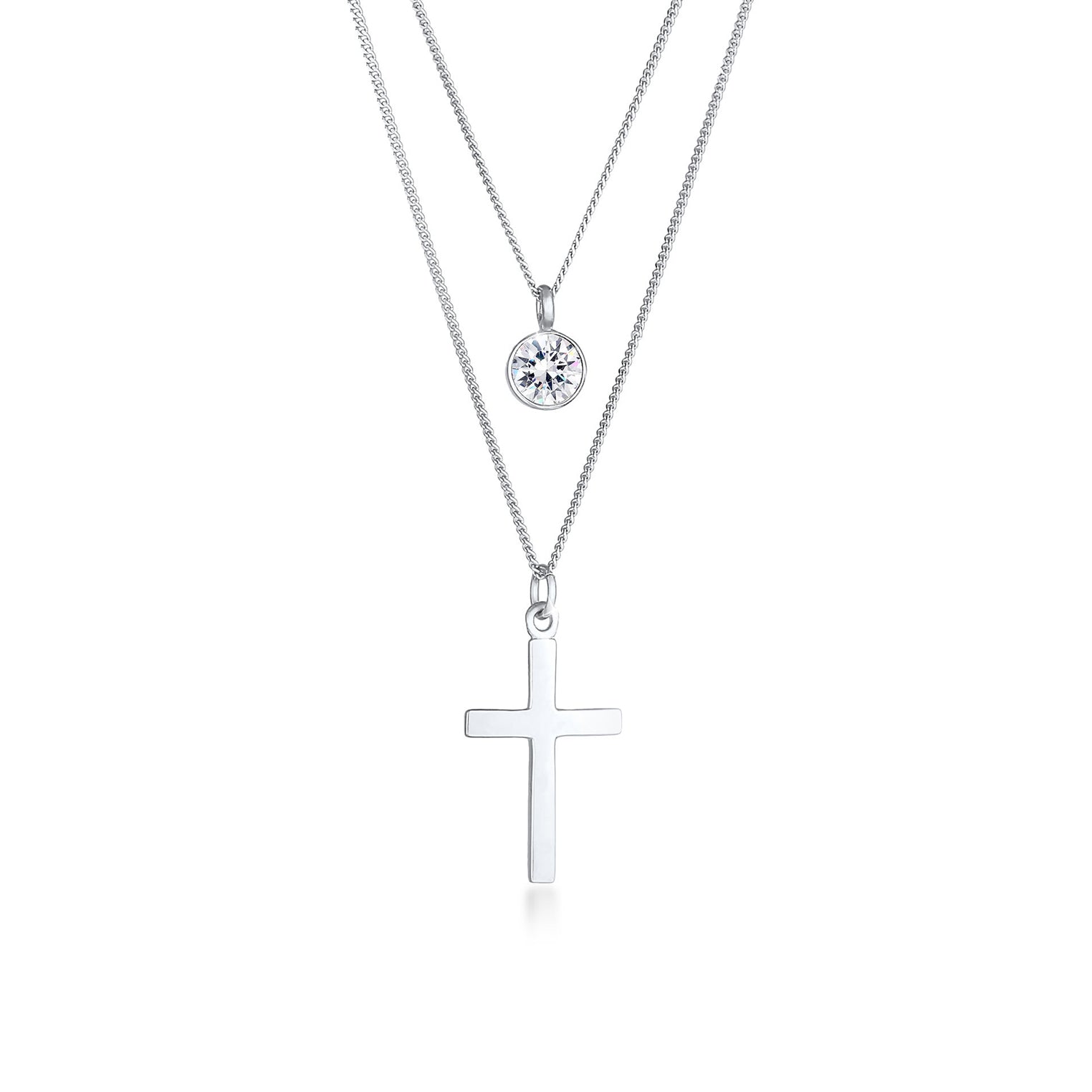 Silber - Elli | Layer-Halskette Kreuz | Mit Kristallen von Swarovski® (Weiß) | 925er Sterling Silber