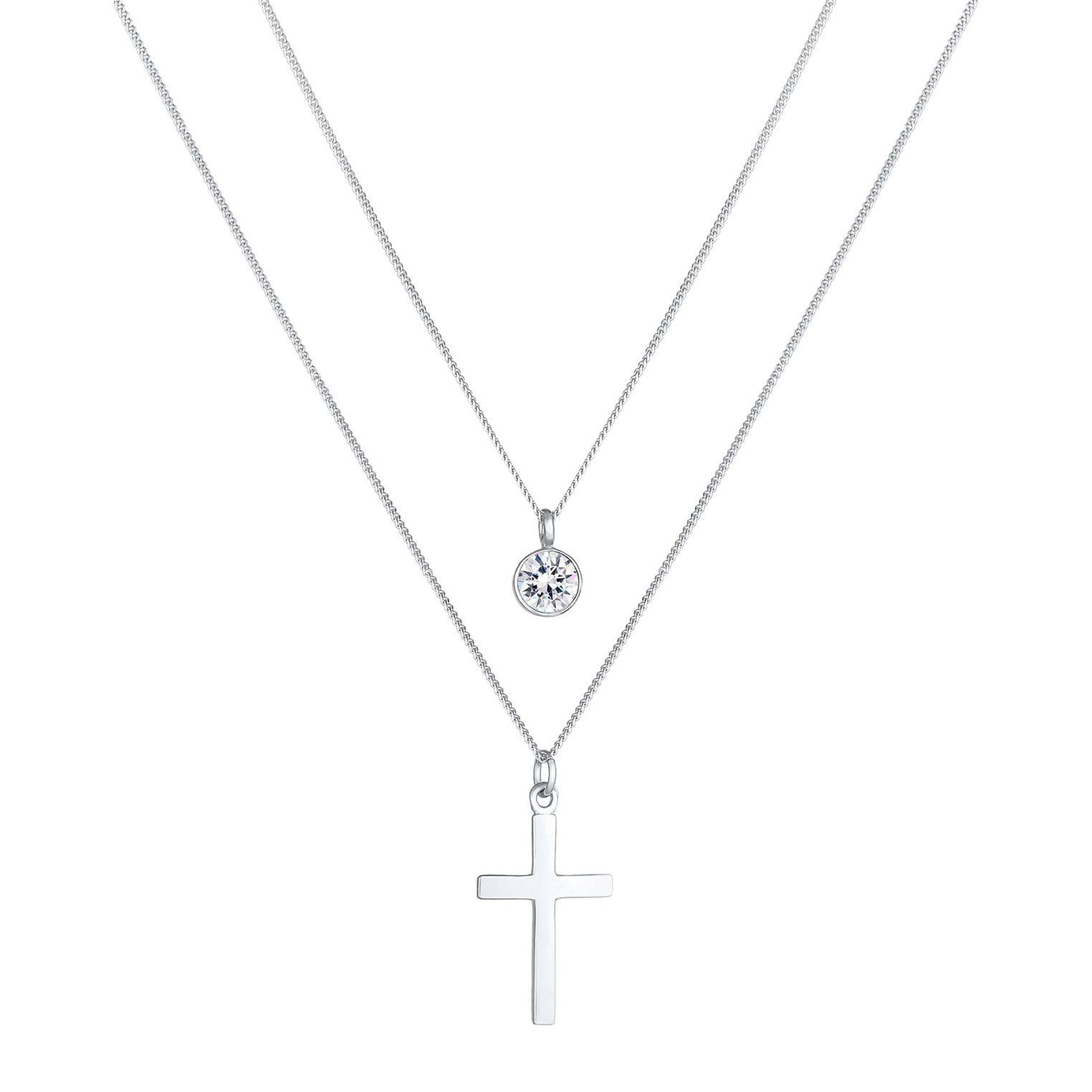 Silber - Elli | Layer-Halskette Kreuz | Kristall ( Weiß ) | 925er Sterling Silber