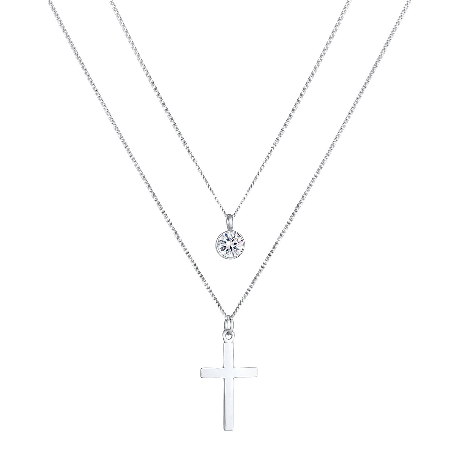 Silber - Elli | Layer-Halskette Kreuz | Mit Kristallen von Swarovski® (Weiß) | 925er Sterling Silber