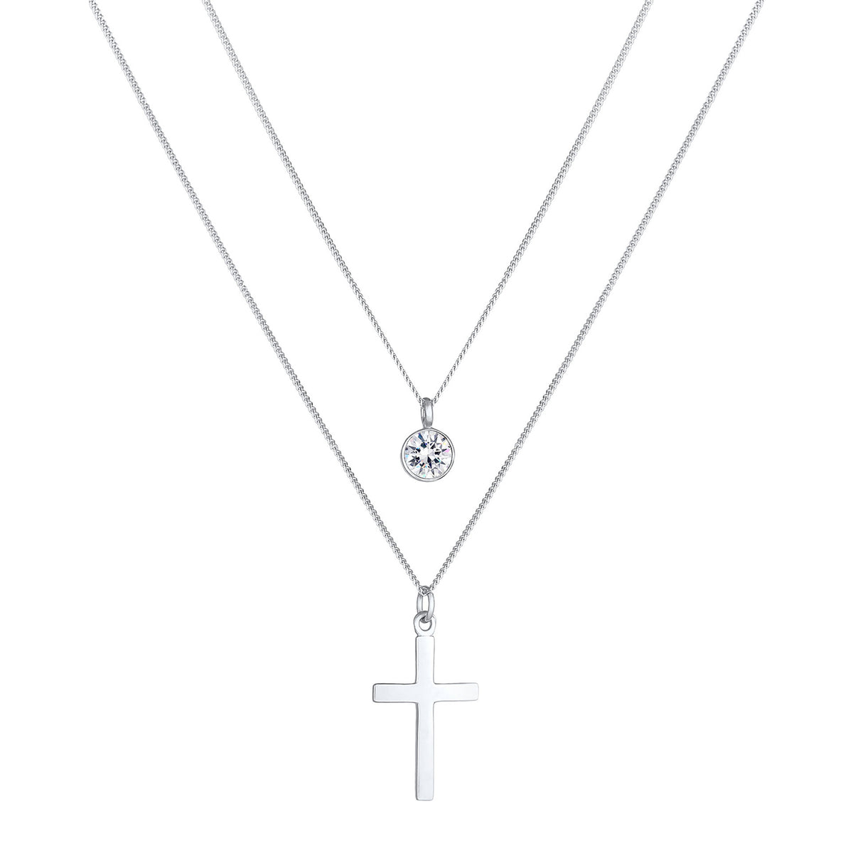 Silber - Elli | Layer-Halskette Kreuz | Mit Kristallen von Swarovski® (Weiß) | 925er Sterling Silber