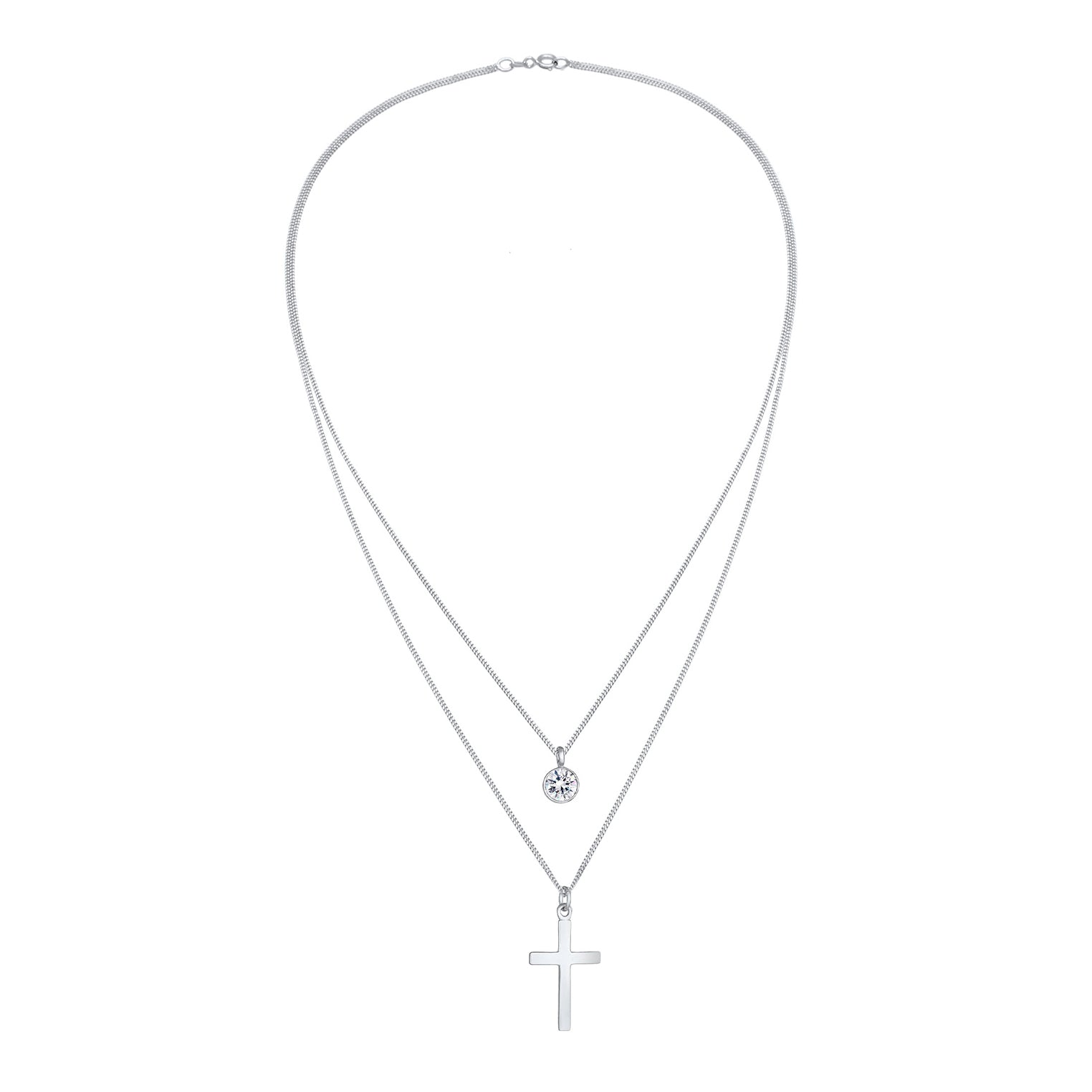 Silber - Elli | Layer-Halskette Kreuz | Mit Kristallen von Swarovski® (Weiß) | 925er Sterling Silber