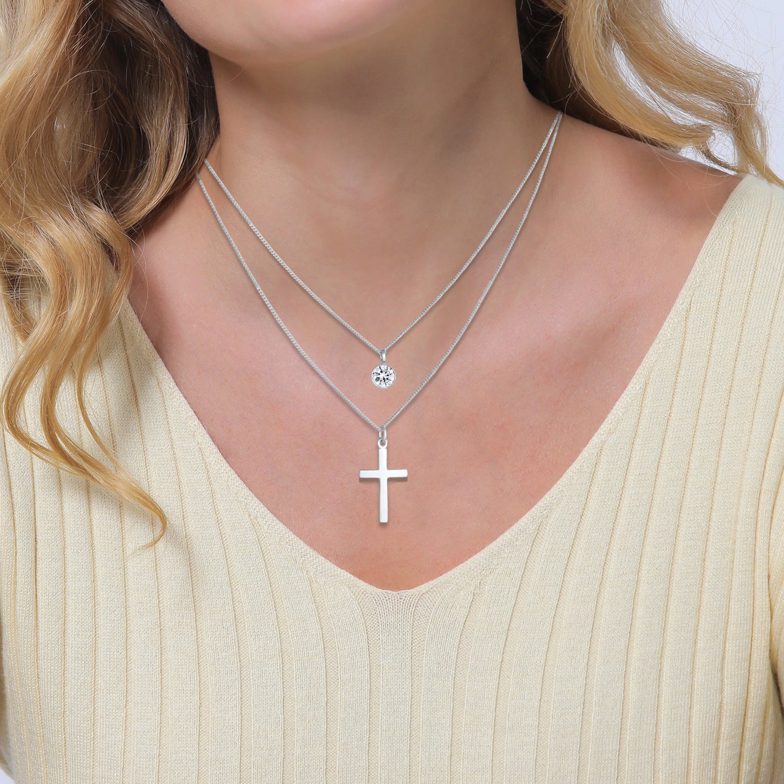Silber - Elli | Layer-Halskette Kreuz | Kristall ( Weiß ) | 925er Sterling Silber