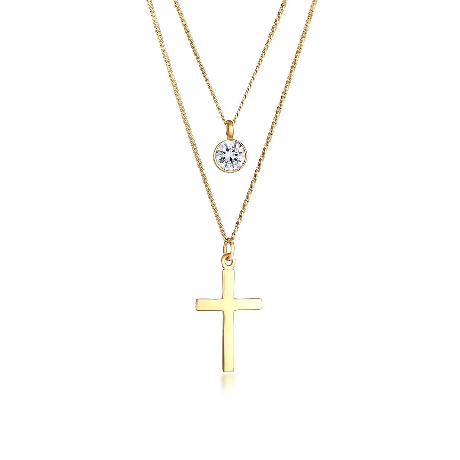 Gold - Elli | Layer-Halskette Kreuz | Kristall ( Weiß ) | 925 Sterling Silber vergoldet
