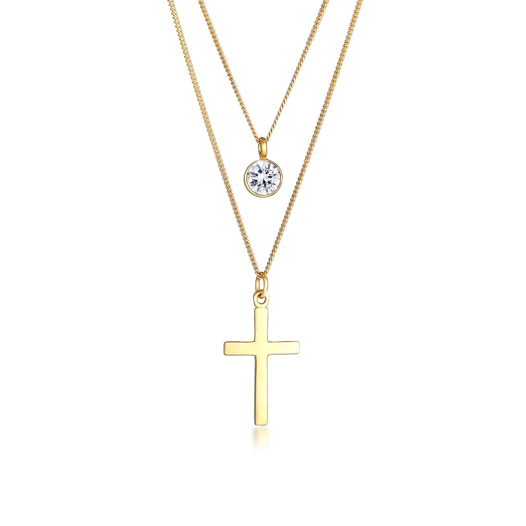 Gold - Elli | Layer-Halskette Kreuz | Mit Kristallen von Swarovski® (Weiß) | 925 Sterling Silber vergoldet
