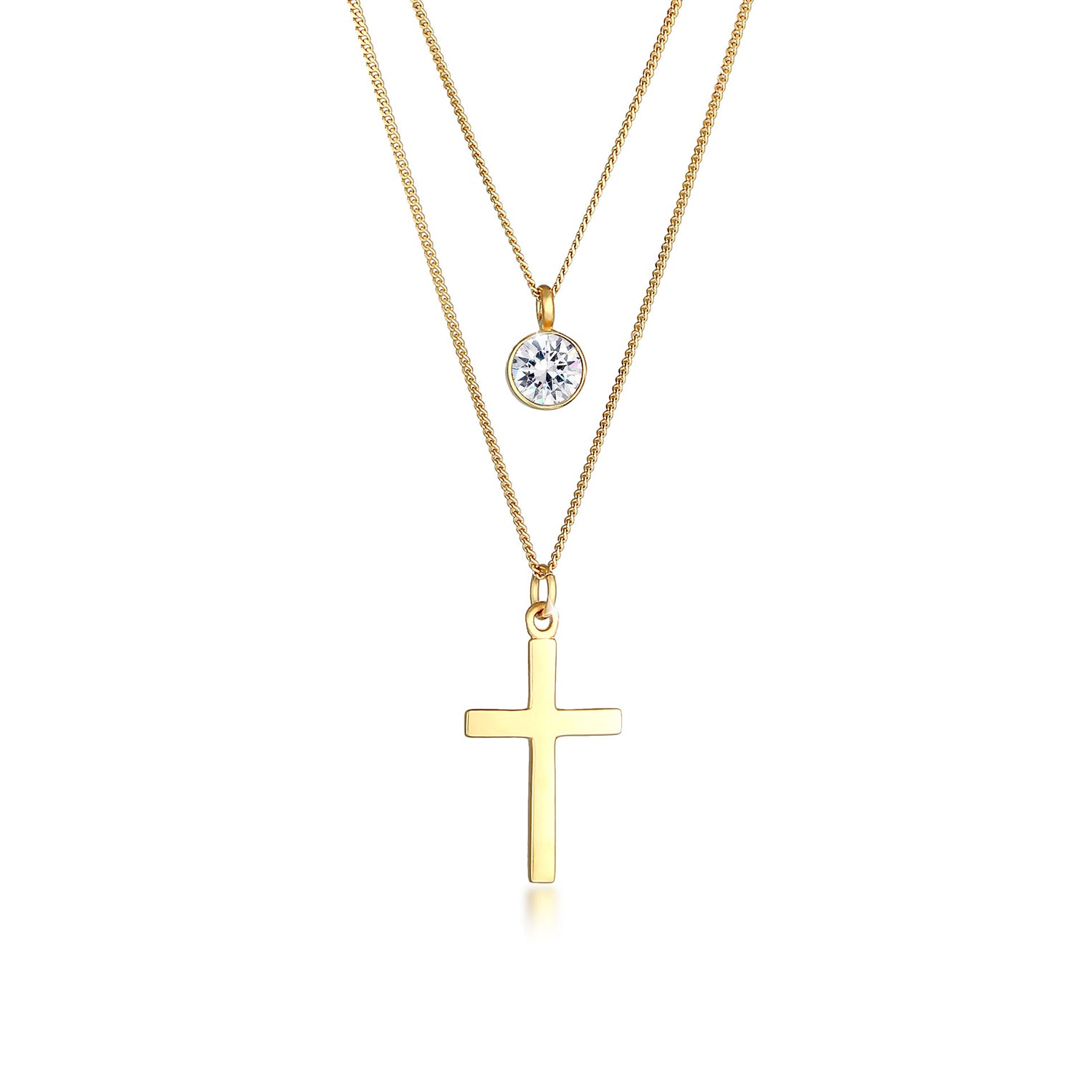 Gold - Elli | Layer-Halskette Kreuz | Mit Kristallen von Swarovski® (Weiß) | 925 Sterling Silber vergoldet