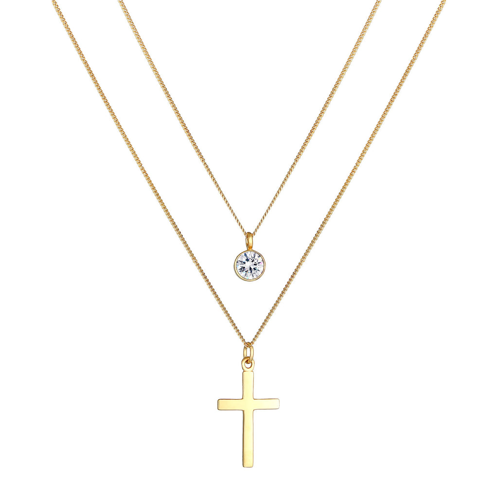 Gold - Elli | Layer-Halskette Kreuz | Mit Kristallen von Swarovski® (Weiß) | 925 Sterling Silber vergoldet