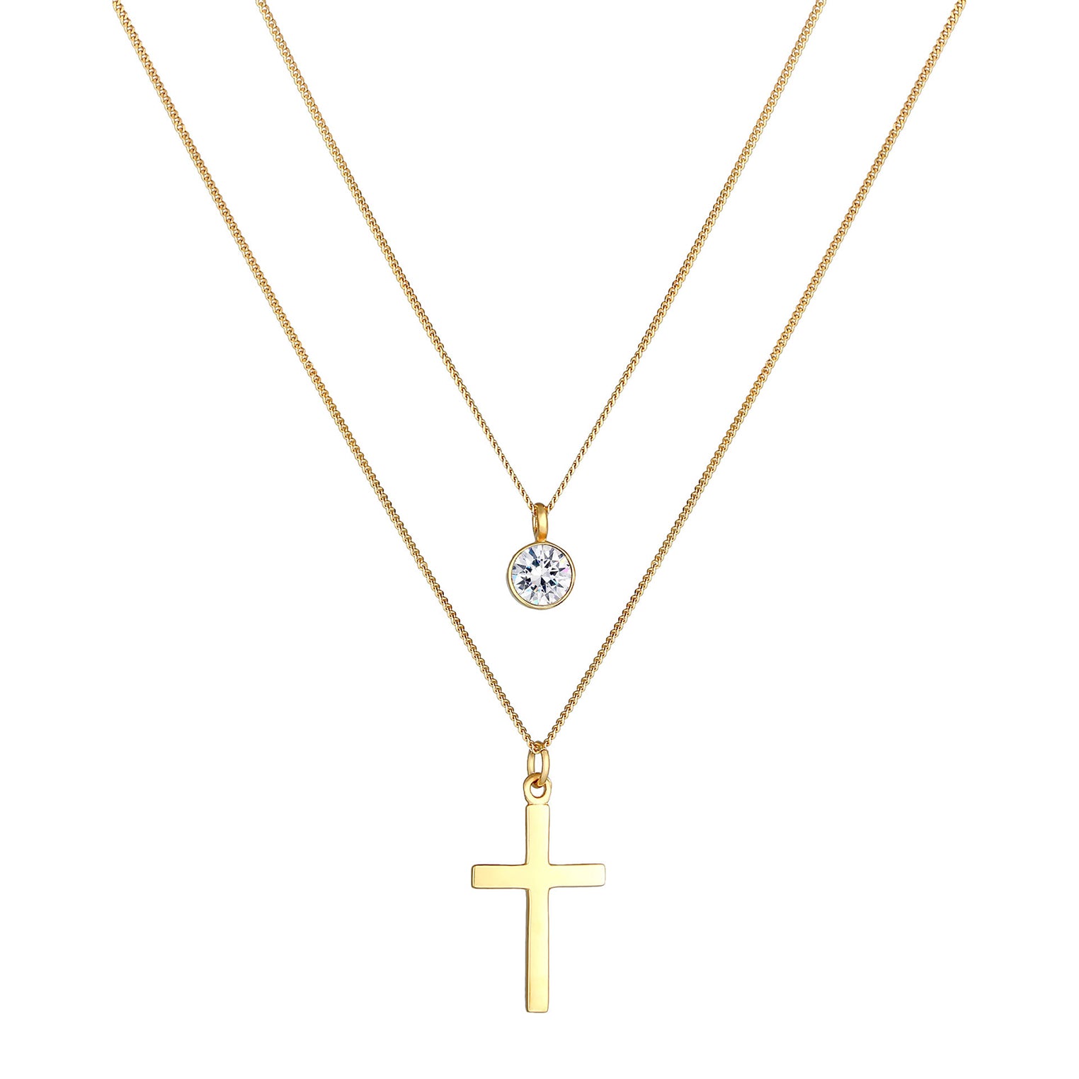 Gold - Elli | Layer-Halskette Kreuz | Mit Kristallen von Swarovski® (Weiß) | 925 Sterling Silber vergoldet